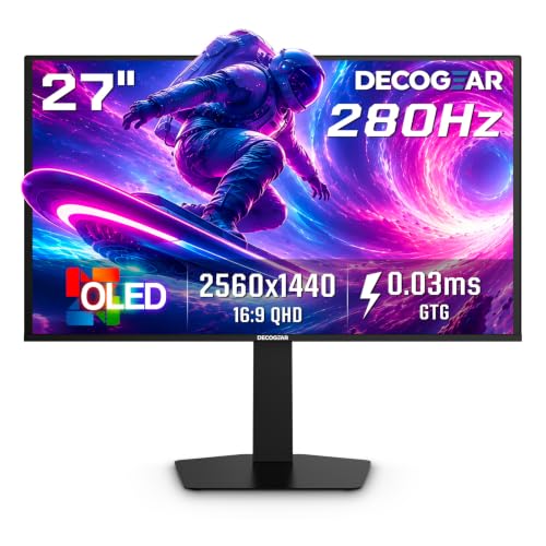 Image of Deco Gear 27 QHD OLED Gaming Monitor | 280Hz 0.03ms Response, HDR400, Adaptive Sync, 99% sRGB, 1.5M:1 Contrast, Borderless Design, Height Adjustable Stand, HDMI 2.1, DisplayPort 1.4