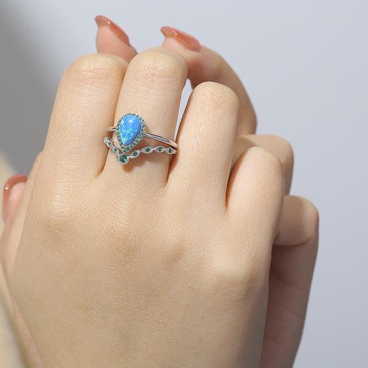 Lab Grown Teardrop Blue Opal Cabochon Ring with Nano Emerald Accents in Rhodium 925 Sterling Silver, October Birthstone Jewelry Gift For Women Sizes 5, 6, 7, 82