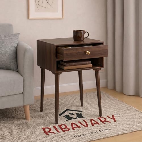 Image of Modern Bedside Table Nightstand with Solid Wood Legs, Practical End Side Table with Drawer Storage for Small Spaces Wooden Bedside Table, Coffee Table, Living Room /Bedroom (Antique Brown)