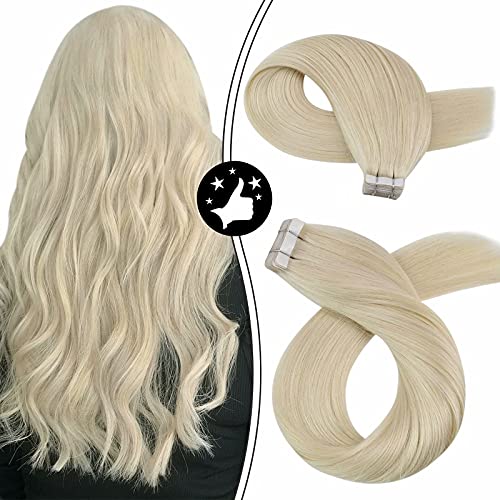 Moresoo 24inch Remy Hair Extensions Tape in Human Hair Straight Unprocessed Remy Human Hair Platinum Blonde Color #60 Tape in Hair Extensions Glue in 50g/20pcs