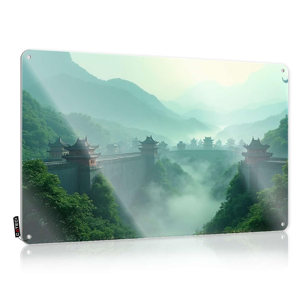 Fzfn Colour Ancient Chinese Architecture Amidst Misty Mountains Round Matal Sign | Room Decor Indie Aesthetic Vintage Style Soft Bath Tiki Bar Decoration Easy Hang(30X40cm)