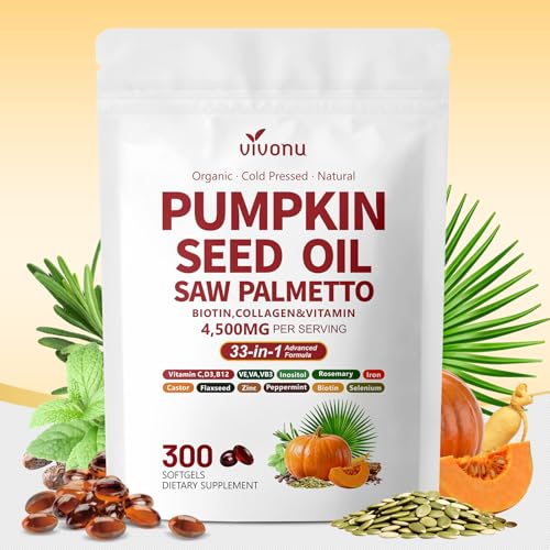VivoNu Pumpkin Seed Oil with Saw Palmetto Capsules | 4500mg | 300 Count| 33 in 1 Vitamin C D3 B12 E A, Castor, Zinc, Biotin, Iron, Peppermint | Hair Growth & DHT Blocker for Women Men