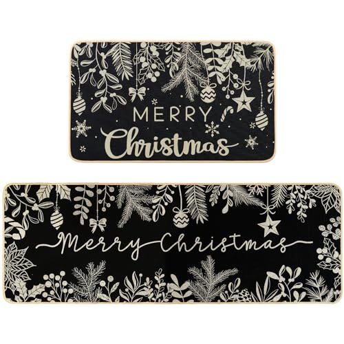 DIYDEC Christmas Kitchen Rugs Set of 2 Black Xmas Kitchen Mats for Winter Floor Decor Holly Pine Branches Leaves Merry Christmas Kitchen Rugs for Kitchen Farmhouse Bedroom Decorations