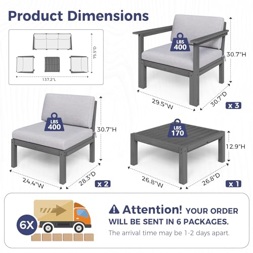 Image of Modular Outdoor Patio Conversation Set, 6-Piece HIPS Sectional Sofa with Coffee Table & Thick Cushions- Side Interlock & Detachable Armrest, All-Weather Patio Furniture Set for Backyard,Deck,Poolside
