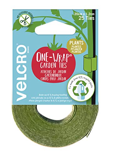 VELCRO Brand VEL-30664-WEU Rouleau de 25 bandes agrippantes prédécoupées ONE-WRAP pour plantes, Convient pour les tomates de jardin, fleurs ou légumes, 20cm x 1.2cm, vert - plastique recyclé Cover
