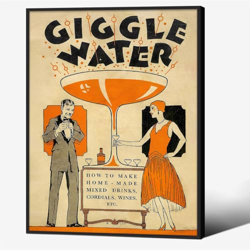 Funny Cocktail Wall Art Vintage Trendy Bar Cart Decor Martini Wine Alcohol Drink Wall Decor 08x10 inch Black Framed Giggle Water Canvas Prints for Home Bar Kitchen