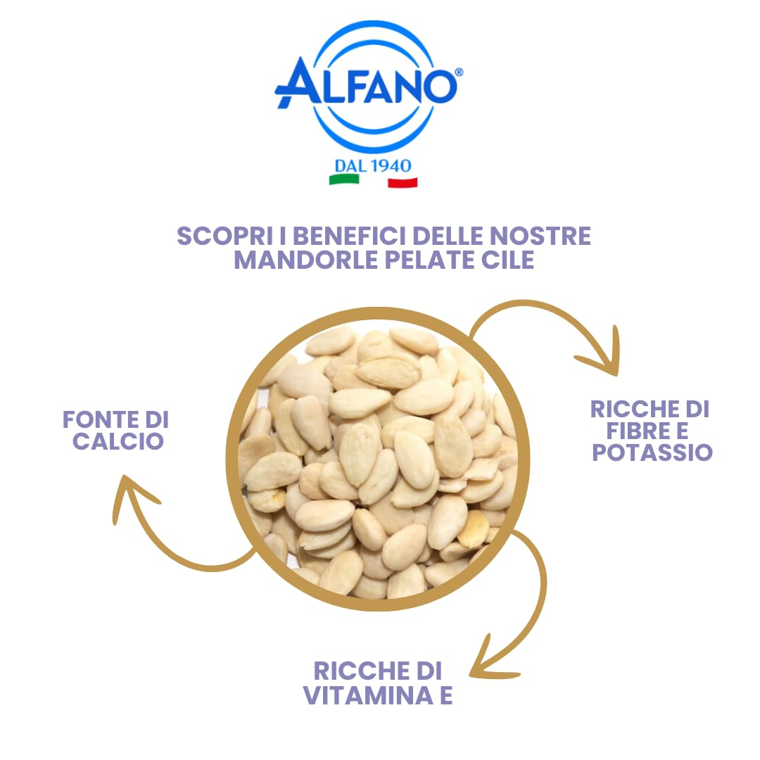 Alfano dal 1940 Mandorle Pelate Cile Non Pareil Supreme Extra 200g Frutta Secca Ricca di Fibre e Potassio, Fonte di Calcio e Vitamina E Sane e Genuine (20 Pezzi)
