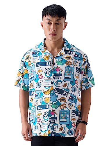 Image of The Souled Store Official The Office: Dunder Mifflin's Pattern Mens and Boys Relaxed fit Graphic Printed Half Sleeve Rayon Multicolored Mens Holiday Shirts (222381)