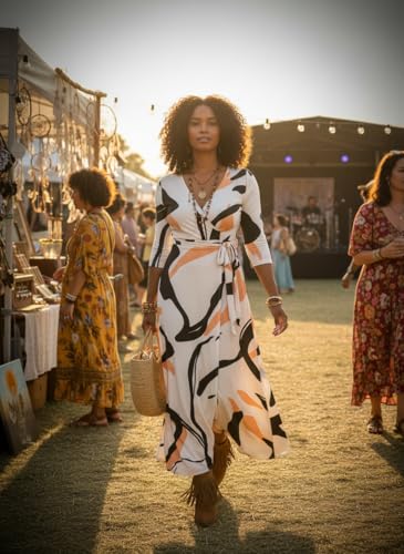 Image of Yajedo Womens Casual Summer Maxi Dress Plus Size Sexy Wrap V Neck 3 /4 Sleeve Sundress with Pockets