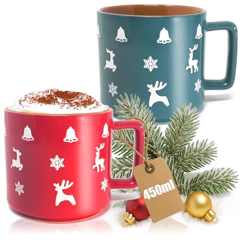 com-four® 2x Taza de café navideña XL de porcelana 450 ml - Verde y rojo - Taza festiva con motivo navideño - Taza de café navideña - Taza navideña de dos tonos (Motivos navideños - 450ml) com-four® 2x Taza de café navideña XL de porcelana 450 ml - Verde y rojo - Taza festiva con motivo navideño - Taza de café navideña - Taza navideña de dos tonos (Motivos navideños - 450ml)
