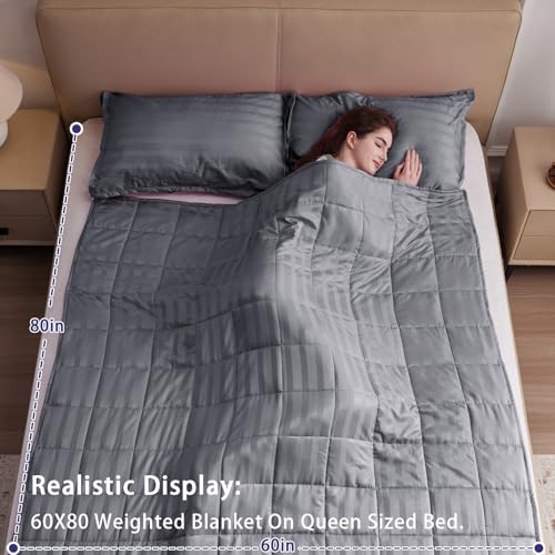 Image of yescool Weighted Blanket for Adults (10 lbs, 60 inch x 80 inch, Satin Grey Stripes) Heavy Blanket for Sleeping Perfect for 90-110 lbs, Queen Size Breathable Blanket with Premium Glass Bead, Machine Washable