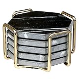 D’Eco Black Marble Coasters with Gold Holder for Drinks- Set of 5 - Tabletop Protection for Any...