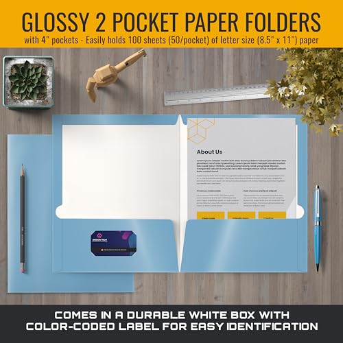 Image of Better Office Products 2 Pocket Glossy Laminated Light Blue Paper Folders, Letter Size, Lt. Blue Paper Portfolios Box of 25 Light Blue Folders