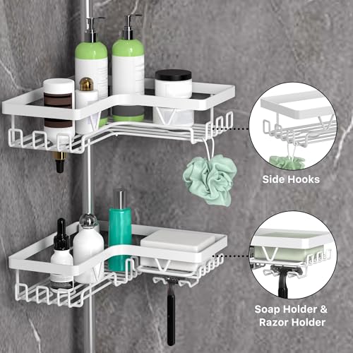Image of KEGII Corner Shower Caddy Tension Pole - Shower Tension Rod Organizer, Floor to Ceiling Shower Caddy 25-114.2 inch, Bathroom Rack Corner Waterproof, Pure White