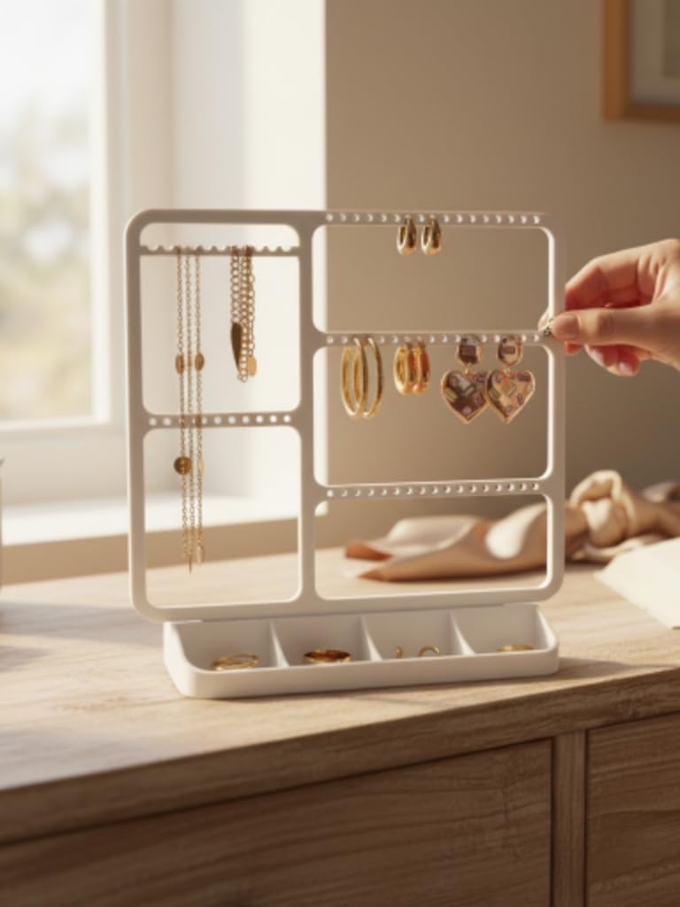 Modern Ribbed Jewelry Organizer for Vanity – Minimalist Earring Holder, Ring Tray, and Necklace Display Stand – Elegant Bedroom and Dresser Organization, Matte Finish⁠