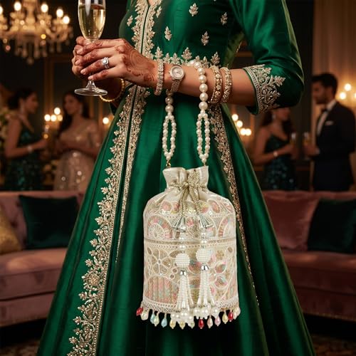 Image of Nevis Silk Fabric Embroidered Potli Bag with Pearl Beaded Handle | Designe Ethnic Drawstring Clutch for Wedding, Festive