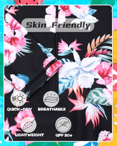 Image of Kids Girls Rash Guard Long Sleeve One Piece Swimsuits Zipper Bathing Suits UPF 50+ Tropical Plant Flowers Ages 3-12