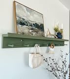 MAZAGE Shelf with Hooks and Ledge | Shelf for Pictures | Kitchen Decor | Wooden peg Rail | Coat Rack | entryway Decor | Minimalist | Shaker peg (Moss,46' Long, 3.5' Shelf)