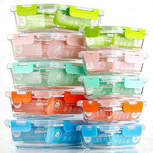 Image of C CREST [10-Pack Glass Food Storage Containers (A Set of Five Colors), Meal Prep Containers with Lids for Kitchen, Home Use - Airtight Glass Lunch Boxes