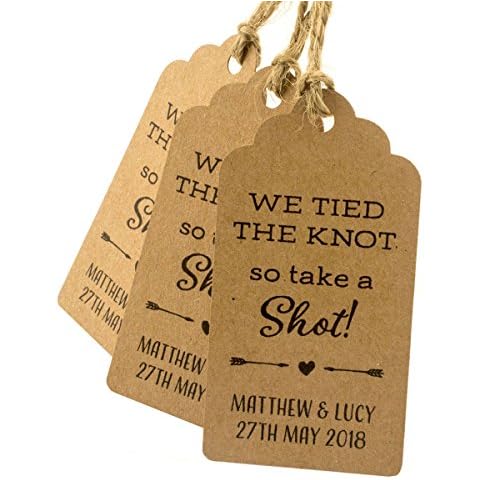 Summer-Ray 50pcs Personalised Mini Royale We Tied The Knot So Take A Shot Wedding Favour Gift Tags (Brown Kraft) Cover