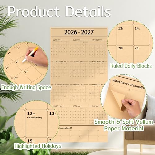 Image of GuassLee Large Yearly Wall Calendar 2026-2027, Full Year Calendar One Page, Jun 2026- May -2027, Annual Wall Calendar 2027, 24 inchX 48 inch 12-Month Calendar Wall with Stickers