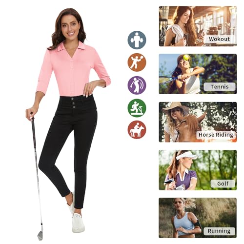 Image of Soneven Womens Golf Polo Shirts 3 /4 Long Sleeve V Neck Button Down Shirts Business Causal Work Blouses Tops