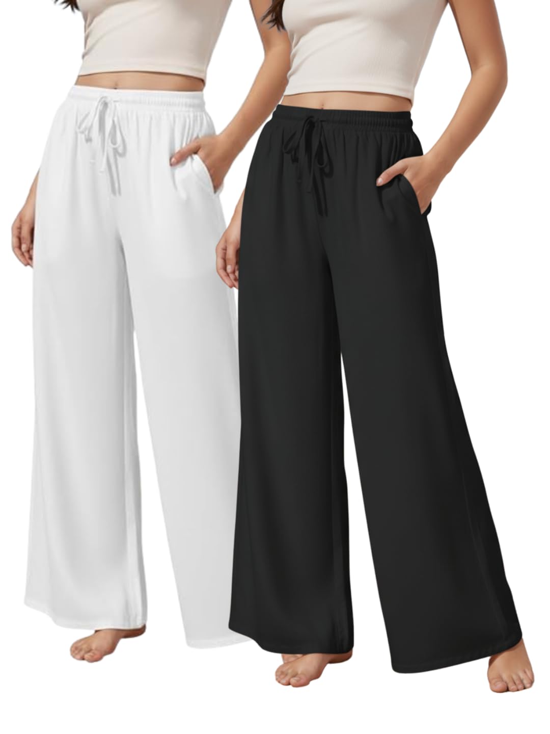 Women's and Girls 100% Pure Rayon Regular Fit/Wide Leg Palazzo Pants, Drawstring Relaxed Fit Combo | Pack of 2- Available in Plus Size -M, L, XL, 2XL, 3XL, 4XL, 5XL-image-36