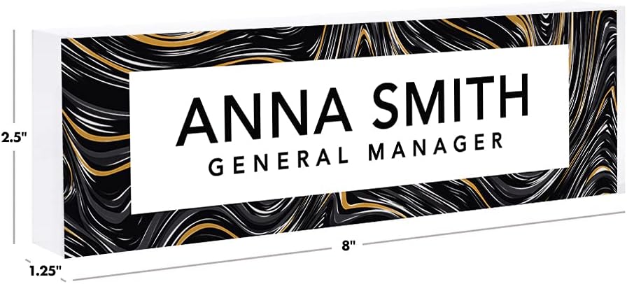 Andaz Press Office Desk Name Plate, Black and Gold Wave Lines Personalized Acrylic Custom Name Title Plate for Home, Desk, Teacher, Boss, Work, Nameplate Sign Decorations for Men Women, 8" X 2.5"