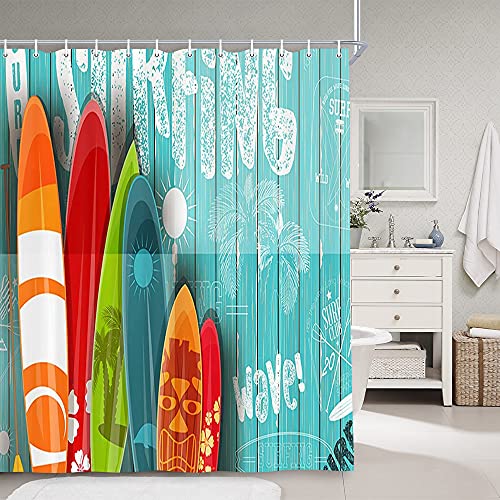 Beach Shower Curtains For Bathroom, Summer Surf Nautical Surfing Surfboard Bathroom Curtains, Tropical Colorful Surfboard In Vintage Style On Teal Wooden Fabric Shower Curtain Set With Hooks, 69X70In #TOP7