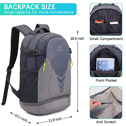 35L Basketball Backpack with Bottom Ball Compartment Large Capacity Sports Equipment Bag for Youth Boys Girls Fit Basketball Volleyball Football Soccer Ball, Gym, Outdoor, Travel, Team (Light Gray) - Image 2