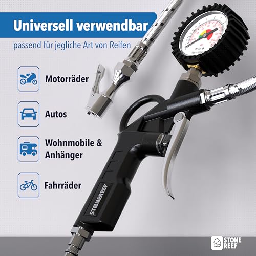 Reifenfüller mit Manometer [inkl. Adapter & Ersatzkappen] – Reifendruckfüller für Werkstatt, Auto und Fahrrad – Reifenfüller mit Schlauch und Luftdruckprüfer für Kompressor