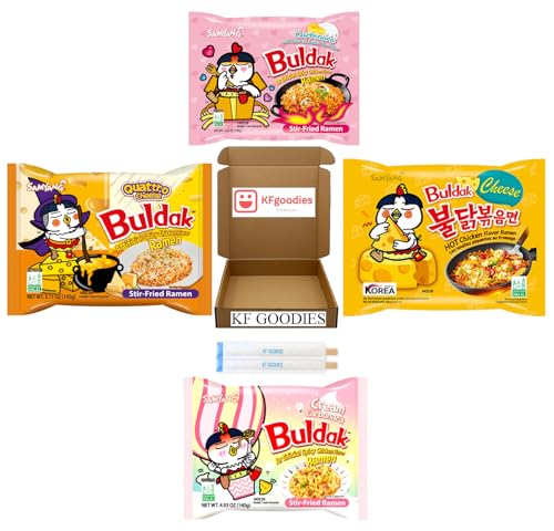 KF GOODIES Korean Ramen Variety Pack Gift Box (4 Count) – Spicy Buldak Noodle Assortment for Birthdays, College Care Packages, Office Snacks, and Gift Baskets