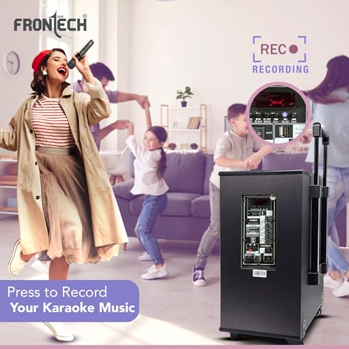 Image of FRONTECH Nocturn Trolley Speaker | 120W Powerful Sound | Dual Wireless Microphones | USB /TF /Bluetooth /FM | Guitar & MIC Input | Rechargeable Battery (SW-0210, Black)
