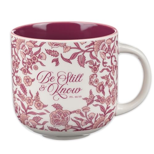 Christian Art Gifts Large Ceramic Microwave/Dishwasher Safe Coffee & Tea Mug for Women: Be Still & Know Inspirational Bible Verse, Non-toxic, Lead & Cadmium-free Cup, Dark Pink & White Floral, 12 oz.