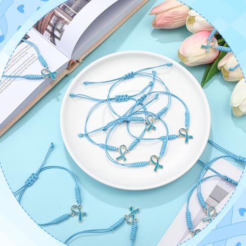 Image of Aurelema 24 Pcs Prostate Cancer Awareness String Bracelets Light Blue Ribbon Woven Bracelets Bulk Men's Health Decorations for Thyroid Disease Lymphedema Awareness Gifts