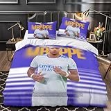 ZIMONJO Mbappe 3D Gedruckter Fußball Bettwäschegarnitur Bettbezug Set Für Kinder Mädchen Jungen Und Kissenbezüge Bettwäsche Reissverschluss Weich Microfaser 3 Teilig Double（200x200cm）