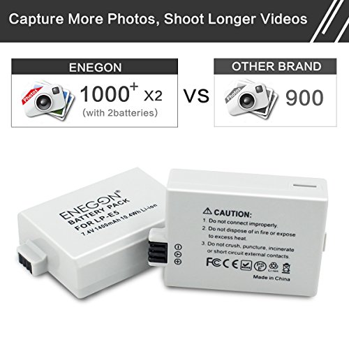 Lp-E5 Enegon Replacement Battery (2-Pack) And Rapid Dual Charger For Canon Lp-E5 And Canon Eos Rebel Xs, Rebel T1I, Rebel Xsi, 1000D, 500D, 450D, Kiss X3, Kissx2, Kissf (100% Compatible With Original) #TOP1