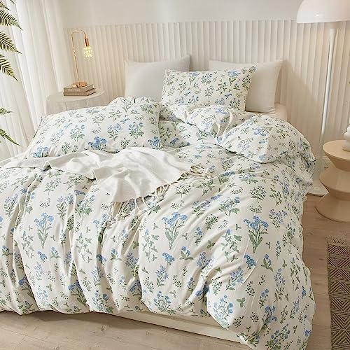 Mucalis White Blue Floral Duvet Cover Queen 100% Cotton Botanical Fresh Blue Flowers Print 3 Piece Garden Bedding Set with Zipper Closure Corner Ties,Durable,Breathable,Easy Care