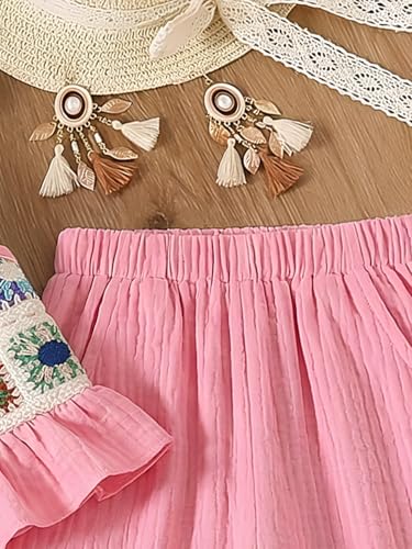 Image of WDIRARA Girl's 2 Piece Outfits Boho Floral Crochet Ruffled Sleeveless Cami Top and Wide Leg Pants