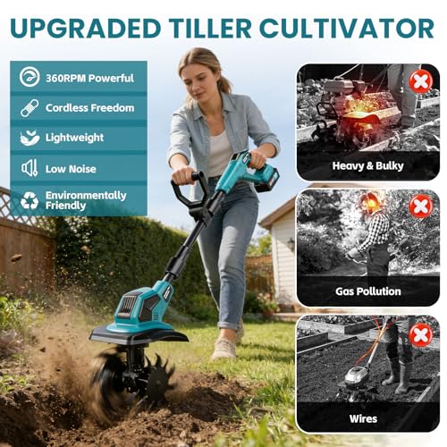 Cordless Tiller Cultivator, 360RPM Electric Garden Tiller, 2 * 3.0Ah 21V Batteries & Charger, Brushless Motor Battery Powered Garden Rototiller for Lawn/Gardening/Soil Cultivation - image 9
