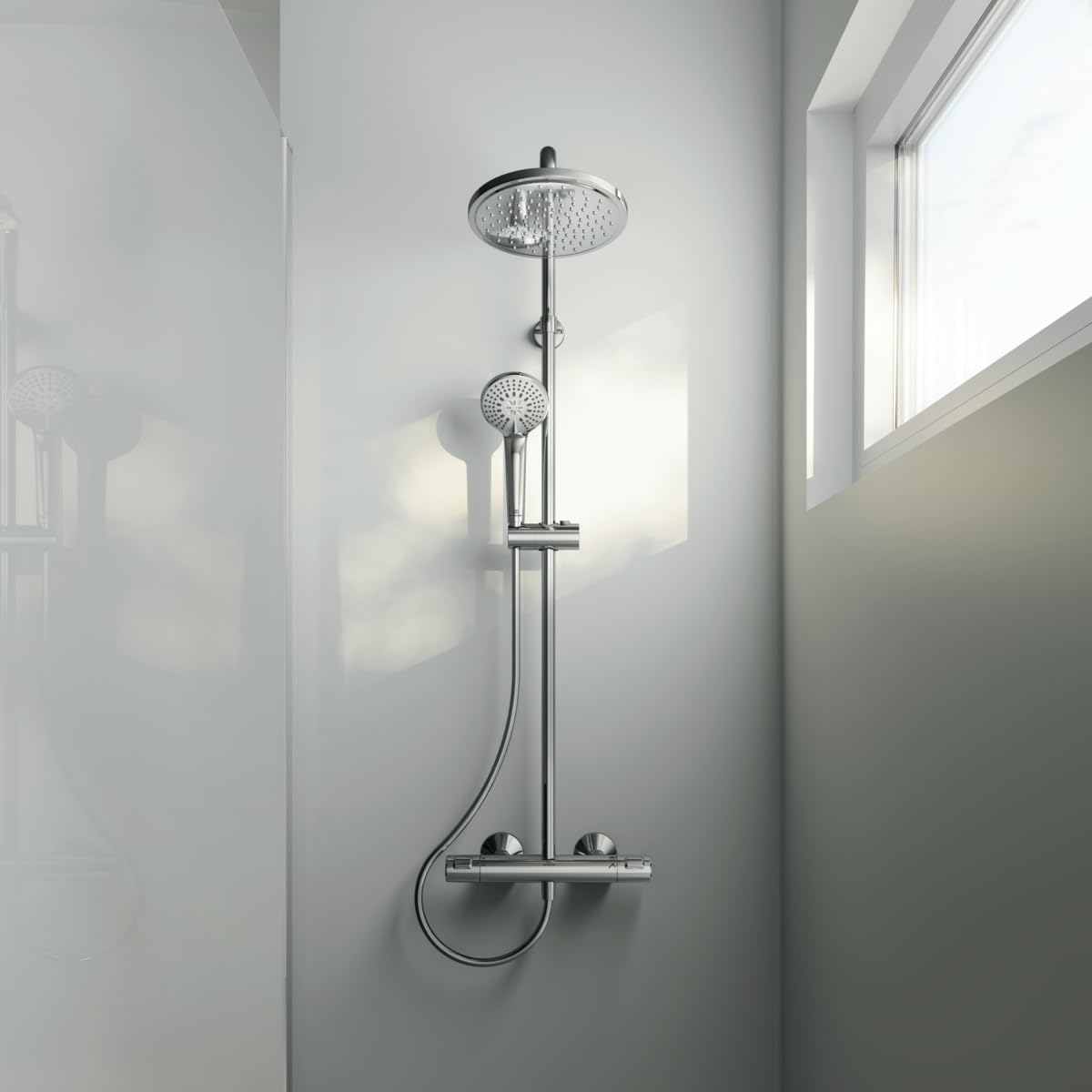 Ideal Standard Ceratherm T25 Sistema doccia, soffione doccia a risparmio idrico con getto variabile e protezione antiscottatura (CoolBody), flessibile doccia 1600 mm – Cromato (315x492,5x1117 mm)