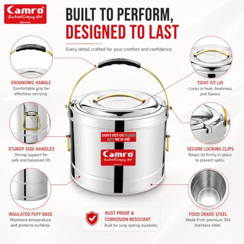 Image of Camro Sambar Pot Stainless Steel 25 Liters | Sambar Container with Lid | Casserole for Cooking | Canteen & Hotel Casserole Container | Picnic HotPot | Biryani Box Puff Insulated Hot & Cold Serving