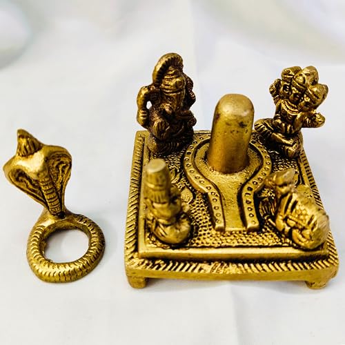 Estatua de latón Shiva Lingam con Nandi Ganesh y Parvati 3 pulg miniatura 5