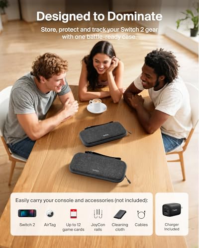 Image of Belkin Gaming Travel Bag Carrying Case (Charcoal) w /Hard Shell + Dual USB C Wall Charger 65W w /GaN Technology Bundle for Nintendo Switch 2 & More - Travel Essentials w /AirTag Holder & Game Storage