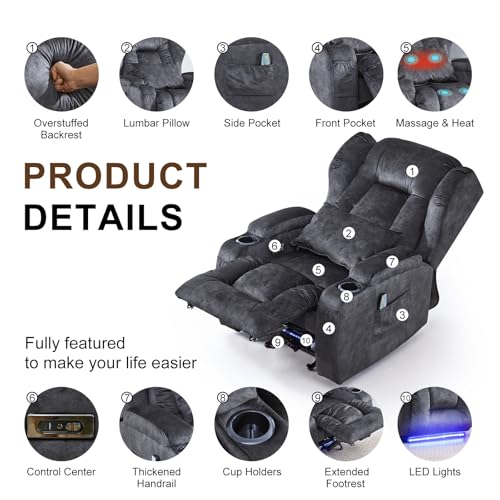Image of DRMBOOK Power Recliner Chair, Electric Wall Hugger Reclining Sofa with Massage & Heat, Overstuffed Movie Theater Seating with LED /USB Port /Cup Holders for Living Room (Velvet Grey, 2 Chairs)