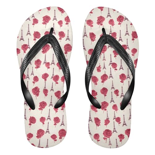 ALAZA Cute Eiffe Tower Red Rose Flip Flops for Women Fashion Beach Slippers Comfort Mens Flip Flops Non-Slip Rubber Shower Slippers Sandal for Hotel Travel Sport,XS