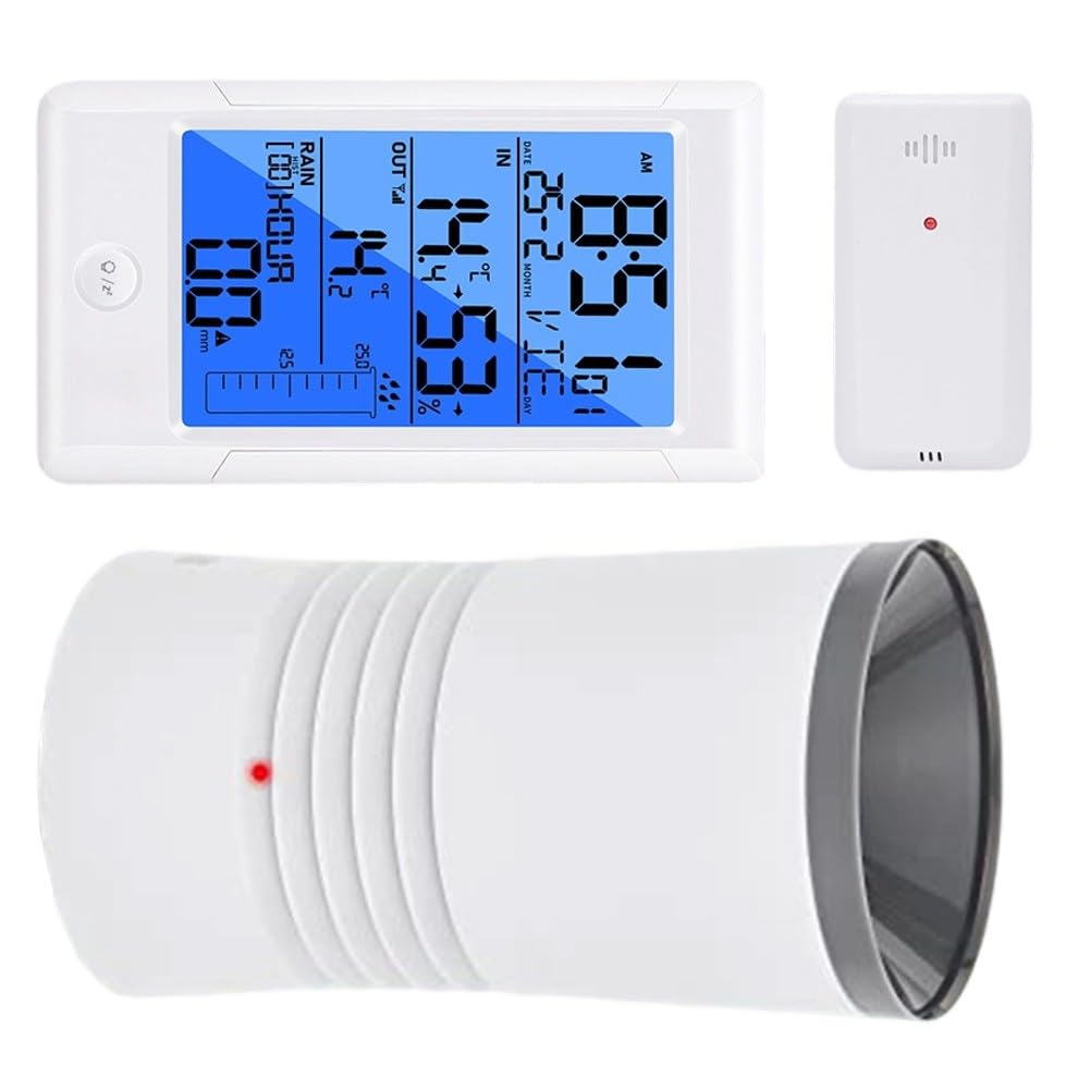 Medidor de lluvia inalámbrico para estación meteorológica con sensor exterior, medidor digital de humedad de temperatura, historial de lluvia de 9 días, pantalla LED retroiluminada, reloj