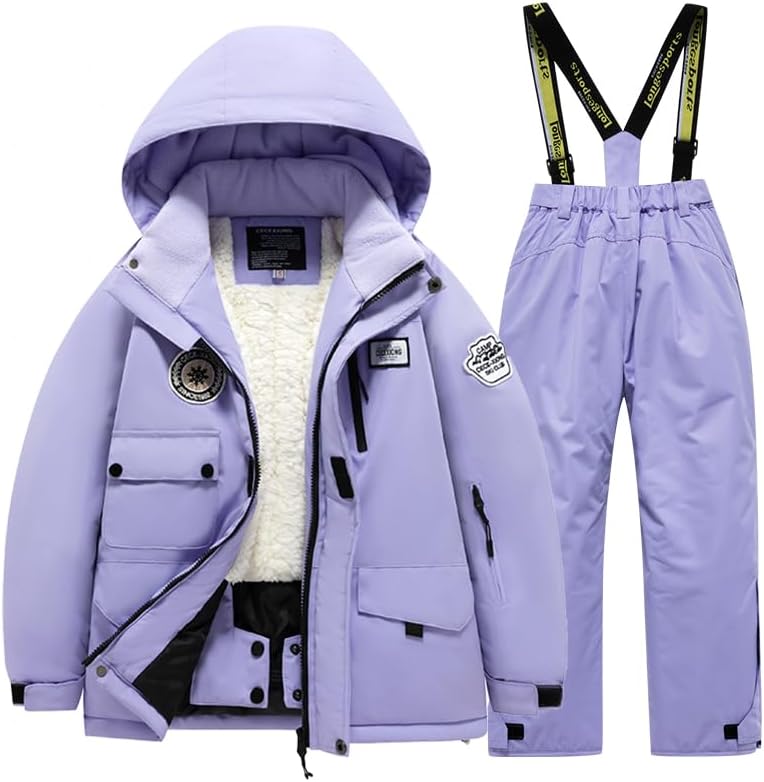 Winter Kids 2 Piece Ski Suit Boys/Girls Thicken Warm Hooded Jacket and Ski Pants Snowsuit Snowboarding Clothes