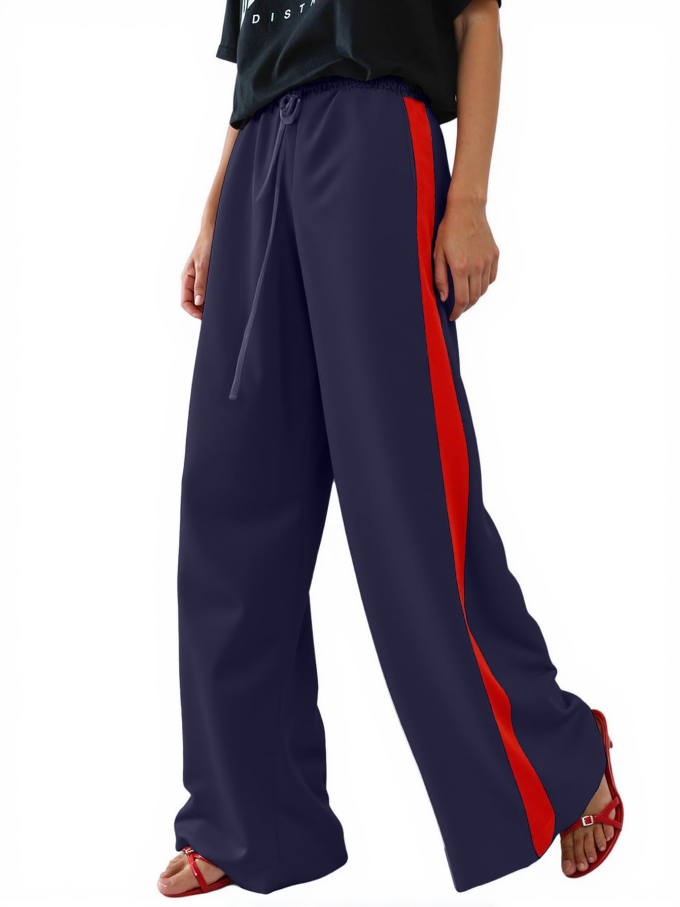Womens Casual Pants Drawstring Color Block Side Striped Straight Leg Wide Leg Loose Pants 3-Navy Blue red XL