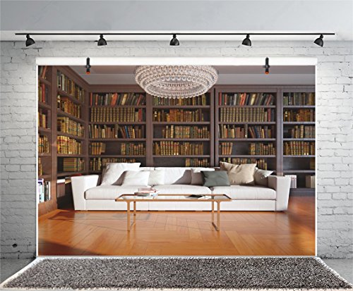 Leyiyi 8x6ft Photography Background Bookshelf Backdrop Study Sofa Hardcover Books Academy Education Knowledge Vintage Wooden Floor Business Hall Crystal Chandeliers Photo Portrait Vinyl Studio Prop